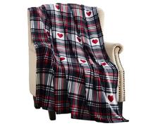 Serafina Home Spring Love Fleece Throw Blanket: Red Black White Plaid with Red Hearts, Microfiber Velvet, Accent for Couch Sofa Chair Bed or Dorm