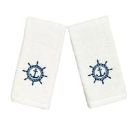 Serafina Home Summer Soft Absorbent Bathroom Coastal Guest Embroidered Fingertip Towels: Nautical Captain's Wheel Design, 2 Piece 12" x 18" Inches