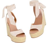 Seraih Womens Lace up Platform Wedges Sandals Classic Ankle Strap Shoes beige Size: 6.5 UK