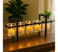 Seraphic 5-Cup Rustic Modern Floating Candle Holder Table Centerpiece Decoration for Dining Room, Kitchen, Patio, Weddings, Metal Iron with Glass Cups, 40cm Long