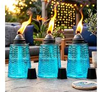 Seraphic Table Top Citronella Burner Torches for Outdoor Patio, 16oz Decorative Glass Tiki Torch Citronella Lamp Candles for Outside Deck, Garden, Parties, Set of 3, Blue