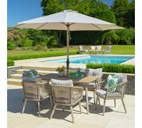 seras wooden garden 6 seater dining set with parasol in oak