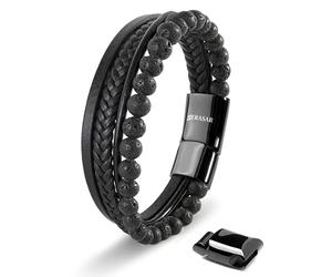 SERASAR Leather Bracelet for Men Onyx Beads Mens Beaded Lava Cuff Bracelets Black Bead Stone Wrist Jewellery