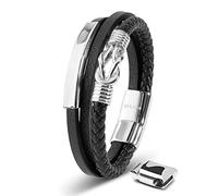 SERASAR Leather Men Bracelet Black Silver Steel Braided Jewelry Gift 20cm