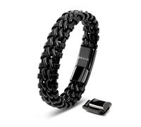 SERASAR Leather Men Bracelet Black Stainless Steel Male Genuine Wrap 17cm