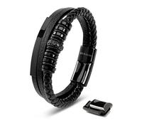 SERASAR Leather Men Bracelet Black Stainless Steel Male Genuine Wrap 17cm