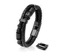 SERASAR Leather Men Bracelet Black Stainless Steel Male Genuine Wrap 17cm