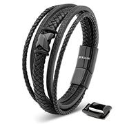 SERASAR Leather Men Bracelet Black Stainless Steel Male Genuine Wrap 17cm