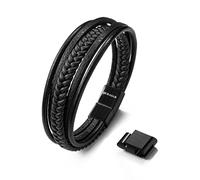 SERASAR Leather Men Bracelet Black Wrist Band Accessories Dad Gift 23cm