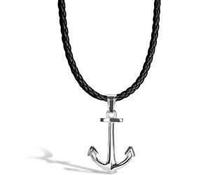 SERASAR Leather Necklace Men Anchor Pendant 50cm Silver Genuine Punk Chain