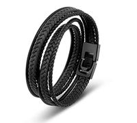 SERASAR Leather Wrist Band 46cm Black Bracelet Men GiftBox Genuine Braided AdjustAble Stainless Steel Accessories MultiLayer Wrap Rope Mans Male Mens Bracelets Jewelry