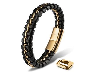 SERASAR Leather Wristbands for Men 23cm Gold Bracelet GiftBox Genuine Cowhide Braided AdjustAble Magnetic Clasp MultiLayer Wrap Rope Mens Bracelets Band Jewelry Magnet Accessories