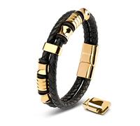 SERASAR Mens Bracelets 23cm Gold GiftBox Genuine Leather Cowhide Braided AdjustAble Magnetic Clasp MultiLayer Wrap Jewellery Mans Male Band Jewelry Accessories