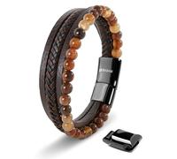 SERASAR Mens Brown Bracelets Beaded Bracelet Men GiftBox Genuine Leather Cowhide Braided Magnetic Clasp Multilayer Wrap Man Agate Beads Tiger Eye Gift for