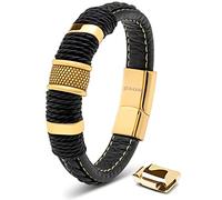 SERASAR Mens Gold Bracelet 17cm Leather Gift Present Box Braided Cowhide Adjustable Magnetic Clasp Multilayer Wrap Jewelry Rope Male Mans Men Magnet