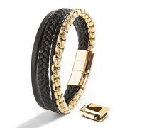 SERASAR Mens Gold Bracelet 17cm Mens Bracelet Leather Gift Present Box Braided Cowhide Leather Adjustable Magnetic Clasp Multilayer Wrap Jewelry Box Rope Male Mans Men Jewelry Magnet