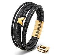 SERASAR Mens Gold Bracelet 17cm Mens Bracelet Leather Gift Present Box Braided Cowhide Leather Adjustable Magnetic Clasp Multilayer Wrap Jewelry Box Rope Male Mans Men Jewelry Magnet