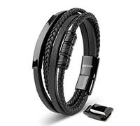 SERASAR Mens Leather Bracelet 20cm Black Mens GiftBox Genuine Braided Adjustable Magnetic Clasp Multilayer Wrap Mans Bracelets Jewelry Magnet Accessories