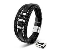 SERASAR Mens Silver Bracelets 23cm Bracelet Men GiftBox Genuine Leather Cowhide Braided Magnetic Clasp MultiLayer Wrap Rope Mans Male Band Jewelry Magnet Accessories
