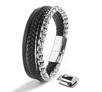 SERASAR Mens Silver Leather Bracelet 20cm - Gift Idea GiftBox Genuine Braided Cowhide Adjustable Multilayer Magnetic Clasp Wrap