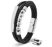 SERASAR Mens Silver Leather Bracelet 20cm - Gift Idea GiftBox Genuine Braided Cowhide Adjustable Multilayer Magnetic Clasp Rope Wrap