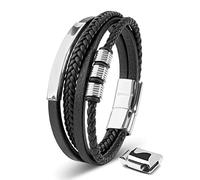 SERASAR Mens Silver Leather Bracelet 20cm - Gift Idea GiftBox Genuine Braided Cowhide Adjustable Multilayer Magnetic Clasp Rope Wrap