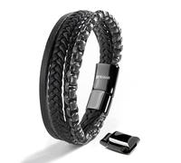 SERASAR Mens Black Leather Bracelet 23cm Men Gift GiftBox Genuine Braided Multilayer Wrap Rope Male Bracelets Jewellery Magnet