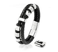 SERASAR Leather Men Bracelet Black Silver Stainless Steel Male Wrap 17cm