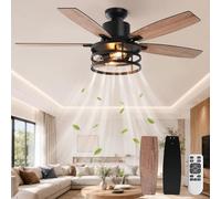 SERBASIC Large Caged Ceiling Fan with Light, 44 Inch Vintage Black Metal Cage Fan Light, Reversible DC Motor, Quiet Indoor Ceiling Fan with Remote Control for Bedroom Living Room