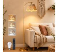 SERBASIC Modern Gold Floor Lamp with Boho Rattan Lampshade,Standing Lamps with Remote Control,3 Color Temperature,Dimmable Brightness,Foot Switch,1H Timer Floor Lamps for Living Room, Bedroom,Office