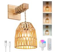 SERBASIC Rattan Battery Operated Wall Lights,Rechargeable Boho Wall Light Indoor with Detachable Bulbs and Remote,Woven Lantern Wooden Wall Sconces for Living Room Bedroom Hallway