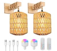 SERBASIC Rattan Battery Operated Wall Lights Set of 2,Rechargeable Boho Wall Light Indoor with Detachable Bulbs and Remote,Woven Lantern Wooden Wall Sconces for Living Room Bedroom Hallway Lantern B