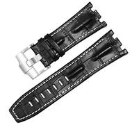 SERDAS Genuine Leather watch Strap For AP 15703 Royal Oak Offshore Series 28mm Crocodile Watchbands(Black white-silver)