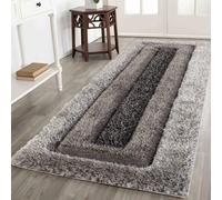 Serdim Rugs Modern Soft Bordered Design Hand Carved Shiny Shimmer Living Room Polyester Shaggy Rugs, Grey, 60x220cm (2" x7'3)