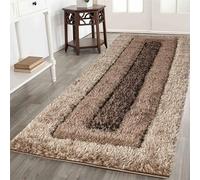 Serdim Rugs Modern Soft Bordered Design Hand Carved Shiny Shimmer Living Room Polyester Shaggy Rugs, Bronze, 60x220cm (2" x7'3)