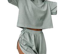 Sereluxe Pajama Set, Split Short Pajama Set,Women's Two Piece Pajama Set Striped Print Soft & Seductive Pajama Set (Green,2XL)