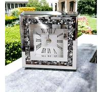 SERENA'S ® Square Crushed Diamante Mantle Clock Glass Mirrored Desk Table Clock Elegant Roman Style Design Crystal Wall Mirror 15cm x15cm