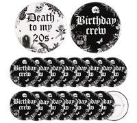 Serencatcher 18pcs Gothic 30th Birthday Button Pins Death To My 20s Birthday Button Pins for The Whole Birthday Crew Black 30th Birthday Pinback Badge for Rip To My 20s Birthday Party Favors