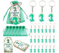 Serencatcher 24 Sets Dinosaur 3rd Birthday Party Favors with Green Dinosaur Number 3 Keychains Thank You Tags Organza Bag and Twine for Boy Dino 3 Rex Birthday Party Decorations Gifts Bag Fillers