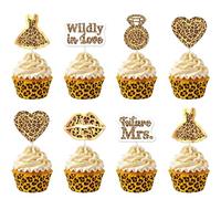 Serencatcher 36Pcs Cheetah Bachelorette Party Cupcake Toppers Double-Sided Printed Brown Leopard Print Cake Toppers with Wildly in Love Future Mrs. for Bridal Shower Decor