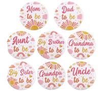Serencatcher 8Pcs Sunshine Baby Shower Family Pins Set, Pink Sunshine Baby Shower Decorations Boho Rainbow Sun Mom Dad Uncle Aunt Grandpa Grandma Big Sister Brother to Be Pins for Party Favors Gifts