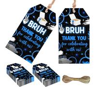 Serencatcher Bruh It's My Birthday Decorations, 50pcs Blue Black Bruh Thank You for Celebrating with Us Favor Gift Tags with String 1.9x3.5 Inches for Funny Teenager Boy Birthday Party Favors