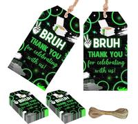 Serencatcher Bruh It's My Birthday Decorations, 50pcs Green Black Bruh Thank You for Celebrating with Us Favor Gift Tags with String 1.9x3.5 Inches for Funny Teenager Boy Birthday Party Favors