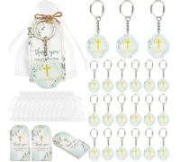 Serencatcher Christening Party Favors Green - 24pcs Floral Christian Acrylic Keychains with Thank You Cards Organza Bags for Baptism God Bless First Holy Communion Party Supplies Gifts