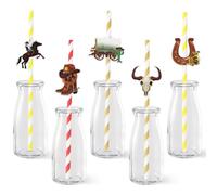 Serencatcher Cowboy Paper Straws, 50pcs Western Cowboy Party Favors Baby Shower Decorations Striped Drinking Straws with Blue Cowboy Decorative Straw Topper for Wild West First Rodeo Birthday Party