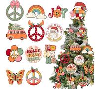 Serencatcher Groovy Hippie Christmas Ornaments, 24Pcs Christmas Tree Wood Boho Hanging Decorations, Vintage Santa Retro Flower Peace Sign Hanging Ornaments for Xmas Tree Home Party Favor
