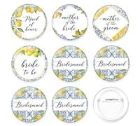 Serencatcher Lemon Tiles Bridal Shower Pins Set, 10pcs Blue Yellow Mediterranean Tinplate Buttons for Bride To Be, Bridesmaid, Maid of Honor, Mother of the Bride & Groom Party Accessories