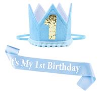 Serencatcher Light Blue 1st Birthday Decorations Boy, First Birthday Crown Hat Baby Boy, Blue White It's My 1st Bday Sash for Boys 1 Year Old Party Decorations Supplies Photo Prop