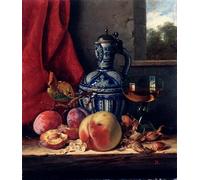 SERENDIPITP Poster Wall Art Still Life with Peaches Whitecurrants Hazelnuts a Glass and a Stoneware Jug on a Wooden Ledge with a Landscape Beyond by Edward Ladell for Wall Decor 60x90cm