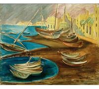 SERENDIPITP Retro Picture Poster Wall Art Pictures Painting Fishing Boats in the Harbor of Tarragona by Alma Del Banco Wall Art Canvas Print for Wall Decor 60x90cm